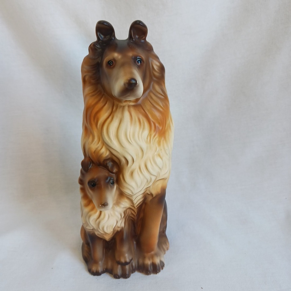 Vintage MCM Collie Dog and Puppy Ceramic Figurine Japan